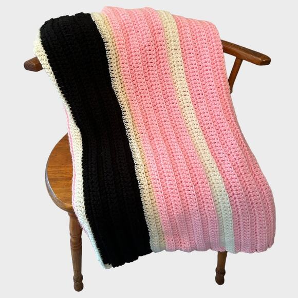 Handmade Knit Crochet Afghan Blanket Neopolitan Pink Cream Black 44" x 50" - Picture 1 of 6